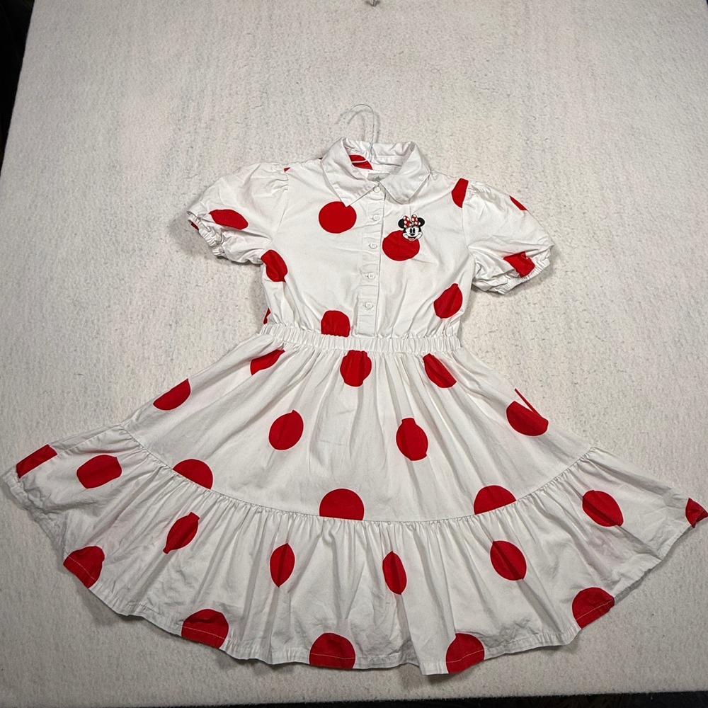 Disney Minnie Mouse Girls Red Polka Dot Shirt Dress White Tiered Skirt Size 7/8